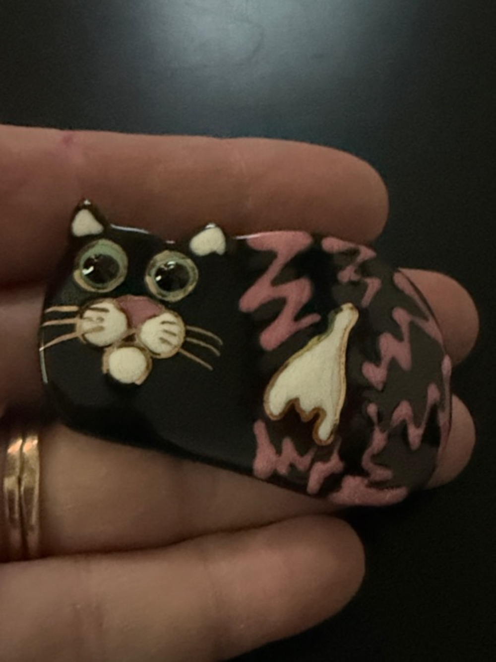 Hand-Painted Black and Pink Cat Pin